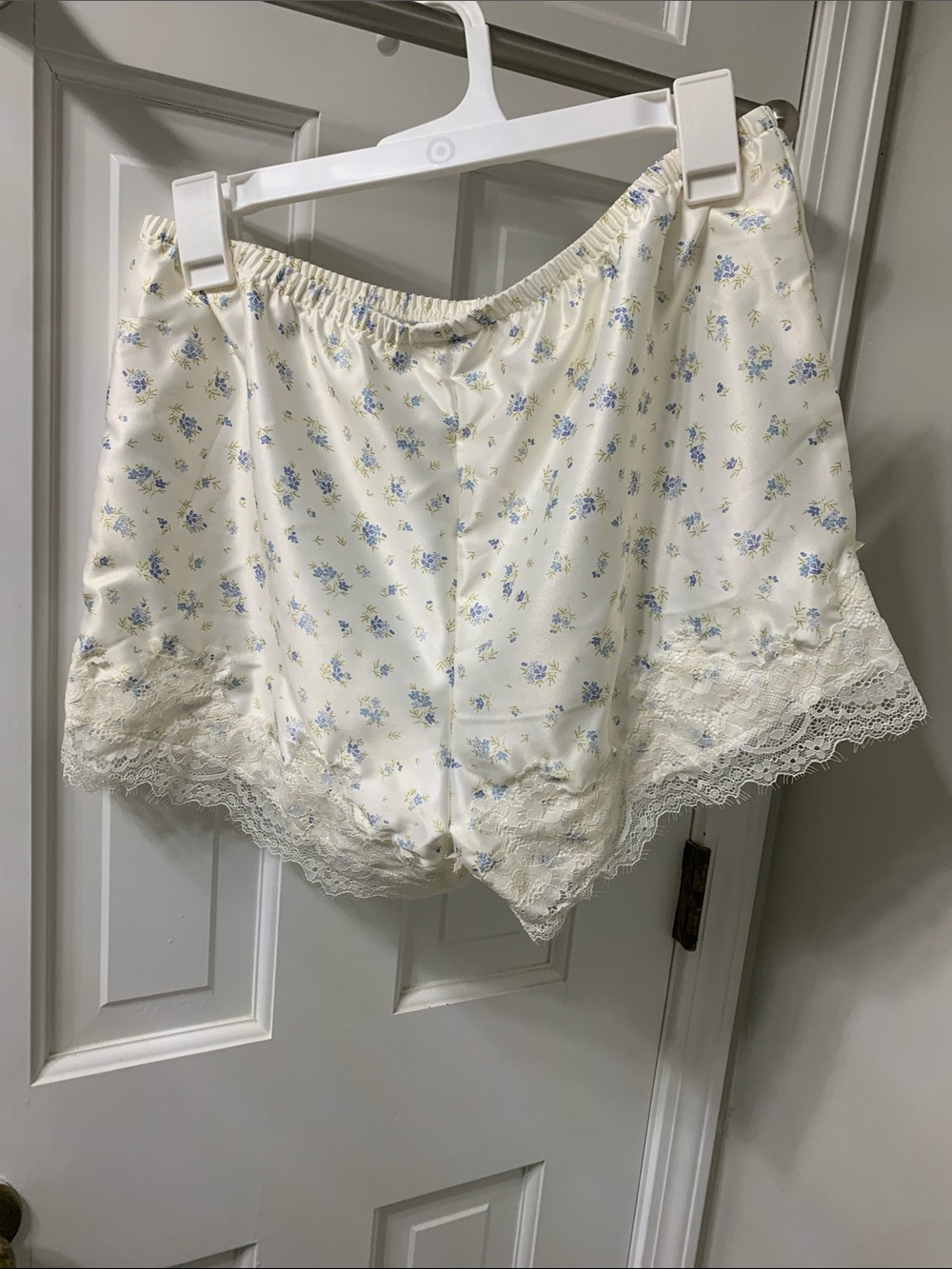 Zoe + Liv Cream Satin Sleep Shorts with Light Blue Floral